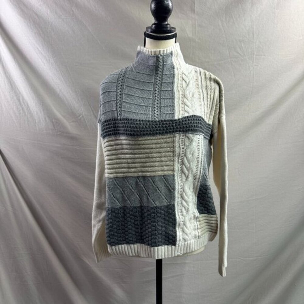 Chaps Women's Mixed-Knit Colorblock Patchwork Mock Neck Sweater - Gray/Cream